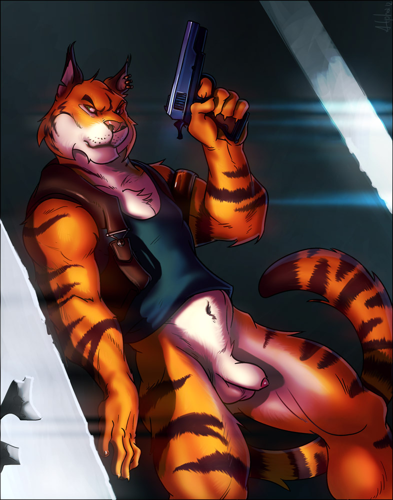 anthro armed balls biceps black_body black_fur clothed clothing countershading flaccid foreskin fur genitals green_eyes gun handgun holding_gun holding_object holding_ranged_weapon holding_weapon male muscular muscular_anthro muscular_male orange_body orange_fur partially_clothed penis penis_tip pistol ranged_weapon shirt solo stripes tail tank_top topwear weapon white_body white_fur white_penis alpha0 felid mammal pantherine tiger