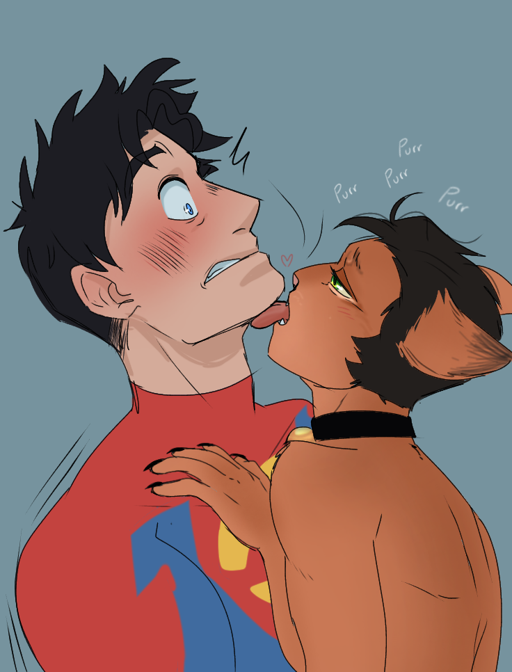 anthro bell bell_collar black_hair blue_eyes brown_body brown_fur collar duo face_lick fur green_eyes hair interspecies jewelry jon_kent licking male male/male necklace purring tongue fernypaw dc_comics damian_wayne robin_(dc) superboy superman alien alien_hybrid domestic_cat felid feline felis human mammal