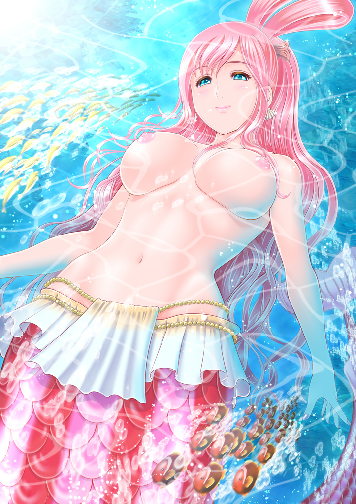 big_breasts blue_eyes breasts clothed clothing ear_piercing female hair jewelry light_smile long_hair monster_girl_(genre) navel nipples piercing pink_hair sea solo split_form topless underwater water yuki1977 one_piece shirahoshi fish humanoid marine merfolk