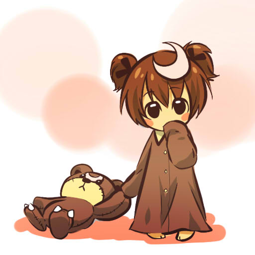 accessory alternate_species barefoot brown_hair clothing cosplay daww feet female hair hair_accessory humanized mini_me nightgown pajamas plushie short_hair simple_background solo standing teddy_bear young hitec nintendo pokemon generation_2_pokemon human mammal pokemon_(species) teddiursa 1:1