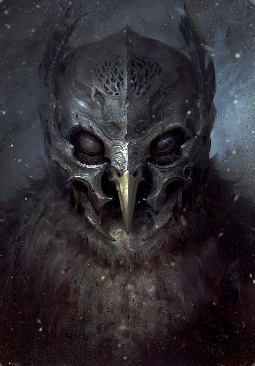 armor beak black_body black_feathers blind_eye feathers feral headgear headgear_only helmet helmet_only looking_at_viewer male mask photorealism realistic snow solo jedrzej_chelminski guardians_of_ga'hoole metal_beak avian bird owl sooty_owl tyto tytonid detailed hi_res official_art