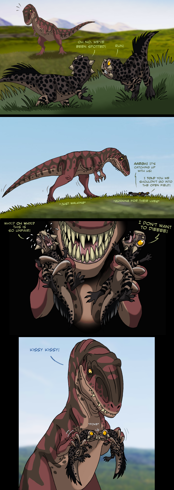 ambiguous_gender claws dialogue feathers feral grass horn humor open_mouth outside panicking plant sharp_teeth simple_background smile teeth text tongue yellow_eyes isismasshiro the_isle carcharodontosaurid ceratopsian dinosaur feathered_dinosaur feathered_scalie giganotosaurus mammal ornithischian prehistoric_species psittacosaurus reptile scalie theropod comic digital_media_(artwork) english_text hi_res