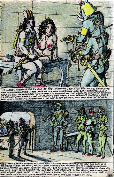 breasts carrying_another female genitals group hair male melee_weapon multi_limb nipples nude penis pussy sitting standing sword tusks weapon edgar_rice_burroughs james_killian_spratt a_princess_of_mars dejah_thoris john_carter alien green_martian human humanoid mammal red_martian thark comic traditional_media_(artwork)