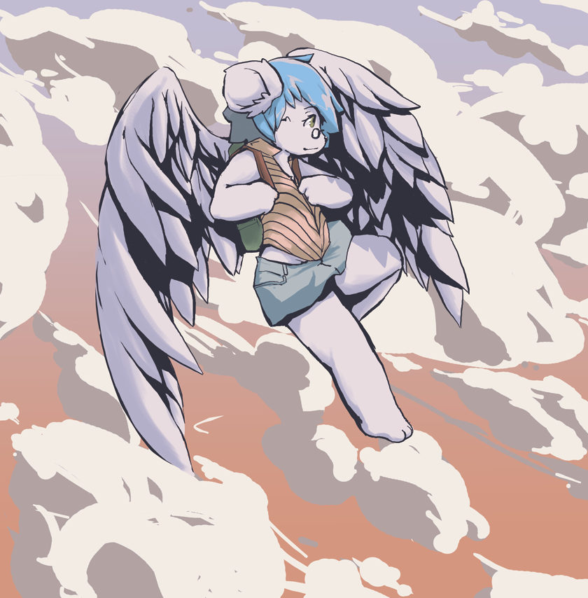 anthro backpack blue_hair cloud detailed_background eyewear feathered_wings feathers female flying fur glasses green_eyes hair outside pince-nez sky skyscape solo white_body white_fur wings mek koala mammal marsupial vombatiform