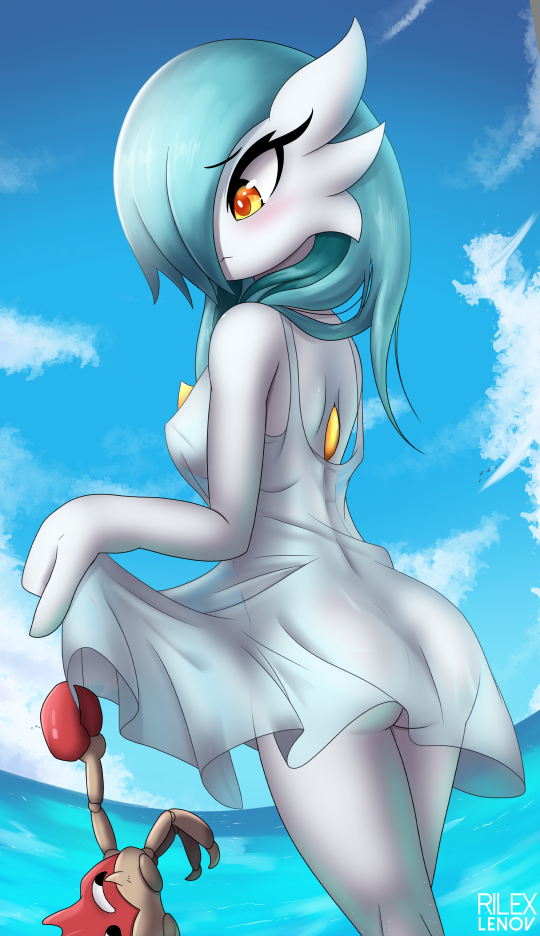 ambiguous_gender beach blush breasts butt clothed clothing cloud duo female feral hair outside seaside sky solo_focus translucent translucent_clothing water rilex_lenov nintendo pokemon linna_(rilex_lenov) gardevoir generation_1_pokemon generation_3_pokemon krabby pokemon_(species)