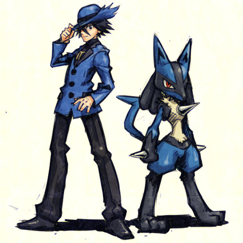 anthro black_body black_fur blue_body blue_eyes blue_fur clothing duo fur hat headgear headwear male red_eyes simple_background tail white_background yellow_body yellow_fur may_dog nintendo pokemon riley_(pokemon) canid canine generation_4_pokemon human lucario mammal pokemon_(species) 1:1 low_res