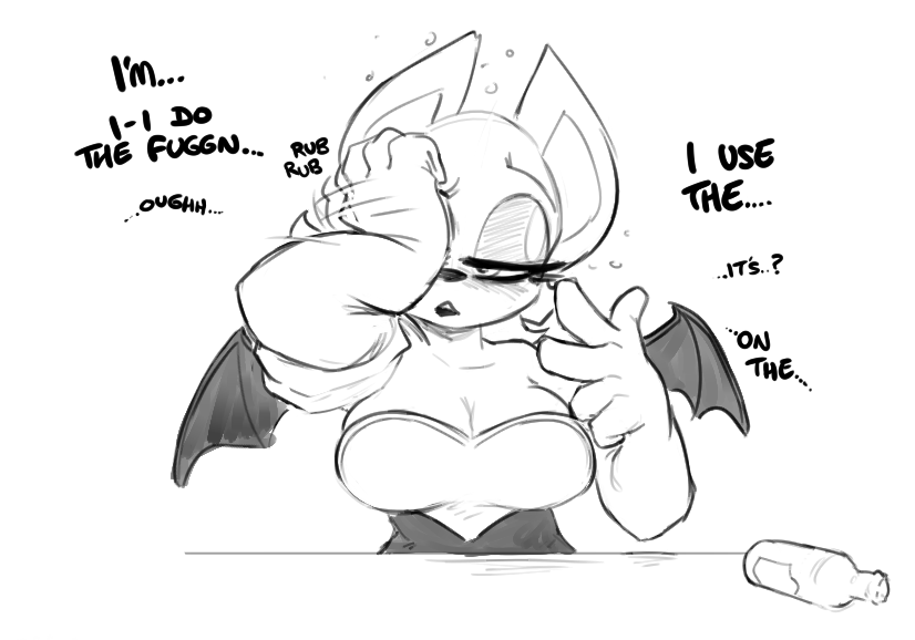 alcohol anthro beer beverage big_breasts big_ears bodily_fluids bottle breasts cleavage clothed clothing container drunk female half-closed_eyes narrowed_eyes onomatopoeia profanity rubbing_eyes solo sound_effects substance_intoxication sweat tail text wings shoutingisfun sega sonic_the_hedgehog_(series) rouge_the_bat bat mammal 2024 sketch