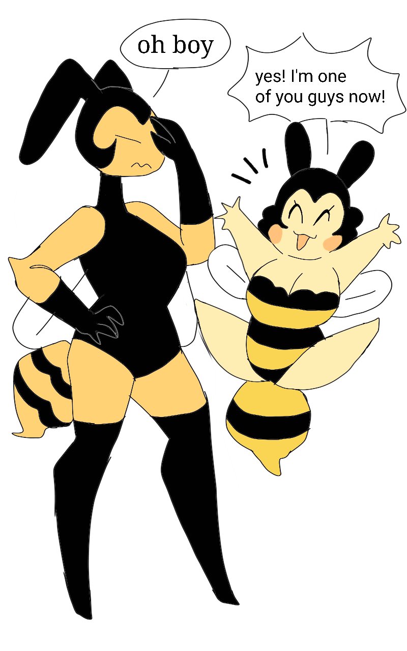 annoyed antennae_(anatomy) anthro arthropod_abdomen big_breasts big_eyes black_body black_exoskeleton black_hair blush blush_stickers breasts brown_eyes cleavage clothed clothing dialogue duo embarrassed empty_eyes exoskeleton eyes_closed facepalm female front_view frown gloves hair hand_on_face handwear happy insect_wings jumping larger_anthro larger_female legwear leotard non-mammal_breasts noseless one-piece_swimsuit open_mouth open_smile short_hair short_stack simple_background size_difference smaller_anthro smaller_female smile speech_bubble standing stinger swimwear text thigh_highs three-quarter_view wavy_mouth wings yellow_body yellow_exoskeleton puppkittyfan1 bitty_(puppkittyfan1) vespa_(puppkittyfan1) arthropod bee hymenopteran insect wasp 2021 5:8 digital_media_(artwork) english_text hi_res