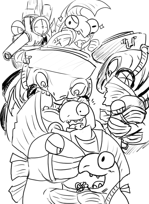 anthro blush fin group hand_holding male male/male one_eye_closed smile wink tukikagematari nintendo splatoon big_shot_(splatoon) drizzler_(splatoon) fish marine salmonid_(splatoon) scrapper_(splatoon) steel_eel_driver steelhead stinger_(splatoon) monochrome