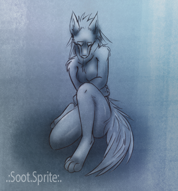 bodily_fluids breasts crying eyes_closed female naturally_censored nude sad solo tail tears sootsprite canid canine mammal blue_theme