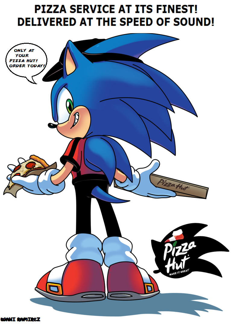 anthro blue_body blue_fur bottomwear clothing container food footwear fur gloves green_eyes handwear hat headgear headwear looking_at_viewer looking_back looking_back_at_viewer male pants pizza pizza_box rear_view shirt shoes smile solo tail teeth text topwear visor_cap waniramirez pizza_hut sega sonic_the_hedgehog_(series) sonic_the_hedgehog eulipotyphlan hedgehog mammal english_text