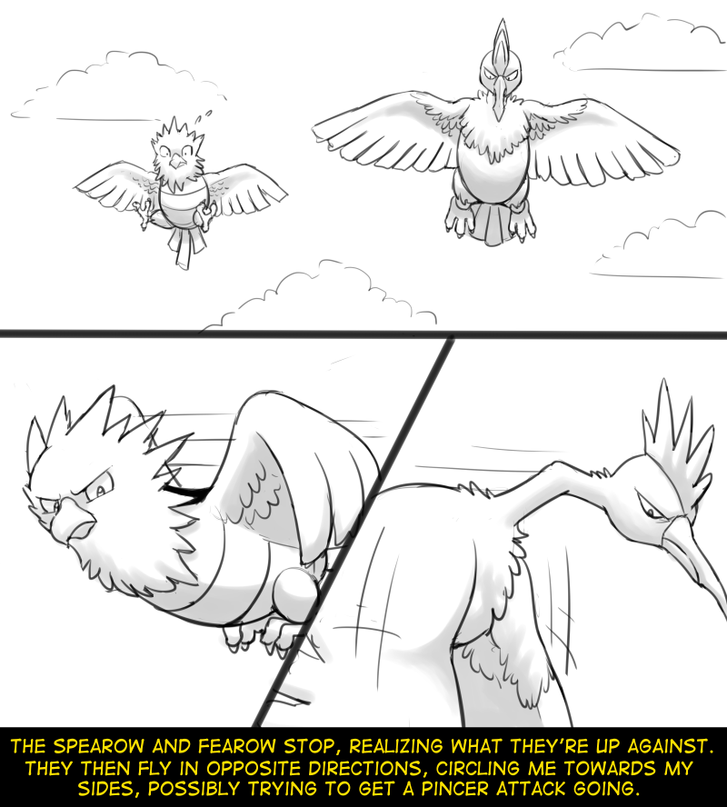 text fidchellvore nintendo pokemon avian fearow generation_1_pokemon pokemon_(species) spearow 2018 black_and_white comic monochrome