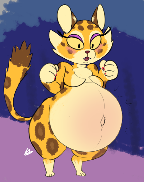 anthro belly belly_blush big_belly blush body_blush breasts chest_tuft countershading eyelashes eyeshadow featureless_breasts female fur huge_belly hyper hyper_pregnancy leopard_spots makeup multicolored_body multicolored_fur navel open_mouth pregnant pregnant_anthro pregnant_female solo spots thick_thighs tuft yellow_eyes captainelderly kirby_(series) kirby_and_the_forgotten_land nintendo clawroline felid leopard mammal pantherine 2022 digital_media_(artwork)