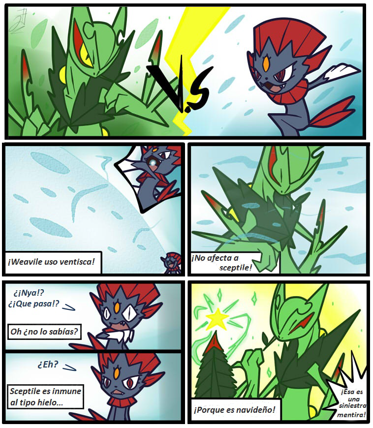 anthro attack black_body christmas_tree duo fight green_body holidays male plant red_eyes text tree jhony_ryu christmas nintendo pokemon generation_4_pokemon generation_6_pokemon mega_evolution mega_sceptile pokemon_(species) weavile comic spanish_text translated