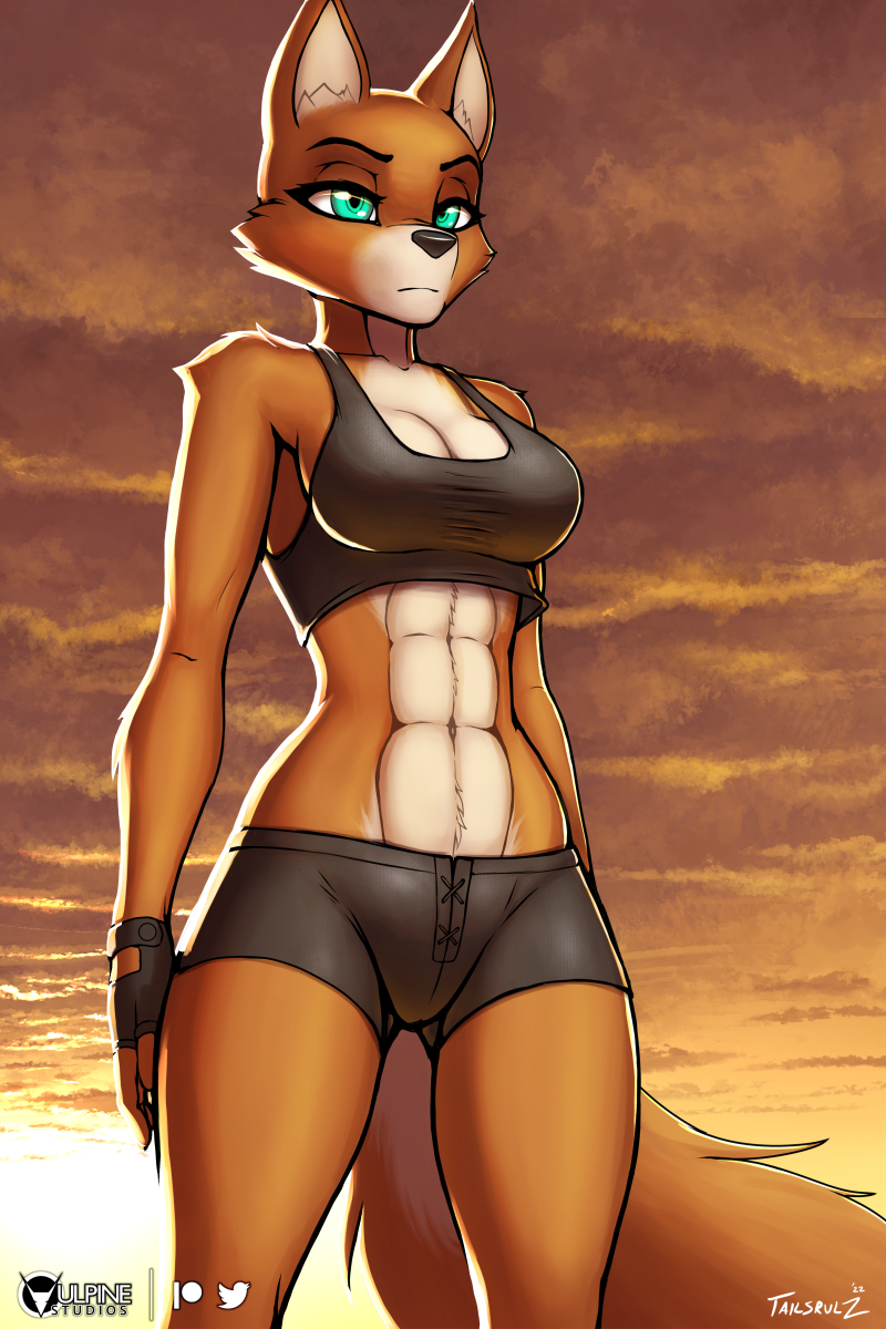 abs anthro big_breasts bottomwear breasts clothing cloud countershading female midriff muscular muscular_female navel shirt shorts solo tank_top tight_clothing topwear conditional_dnp tailsrulz brutal_paws_of_fury foxy_roxy canid canine fox mammal 2:3 hi_res