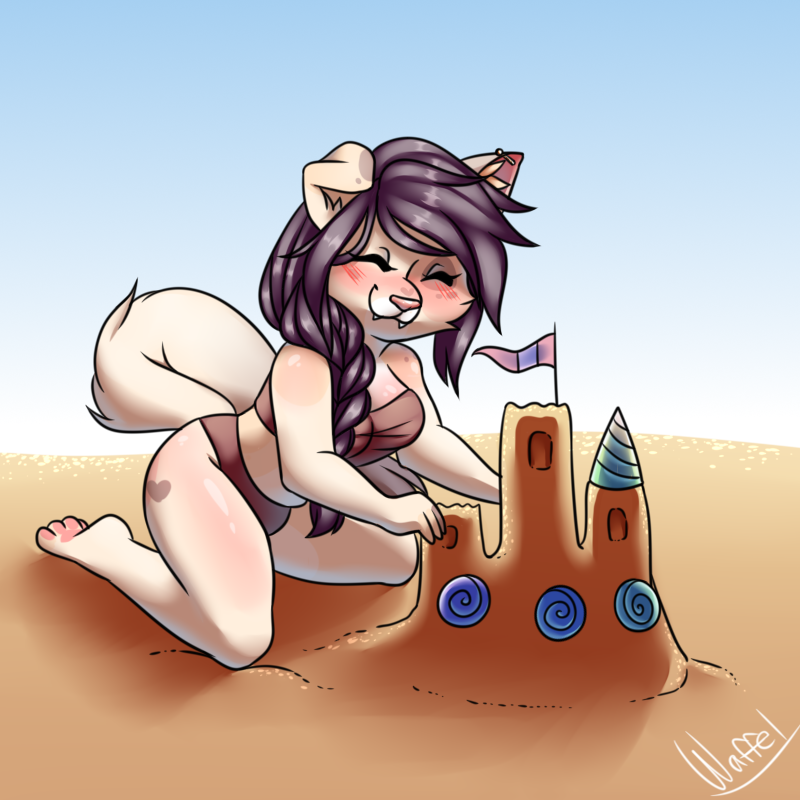 anthro beach bikini blue_sky blush breasts brown_bikini brown_clothing brown_swimwear clothing day ear_piercing eyes_closed feet female folded_ears hair kneeling piercing purple_hair sand sand_castle sculpture seaside sky solo swimwear tail two-piece_swimsuit fallenlavender alyx_(alyxalyx) domestic_cat felid feline felis mammal 1:1 trans_(lore) trans_woman_(lore)