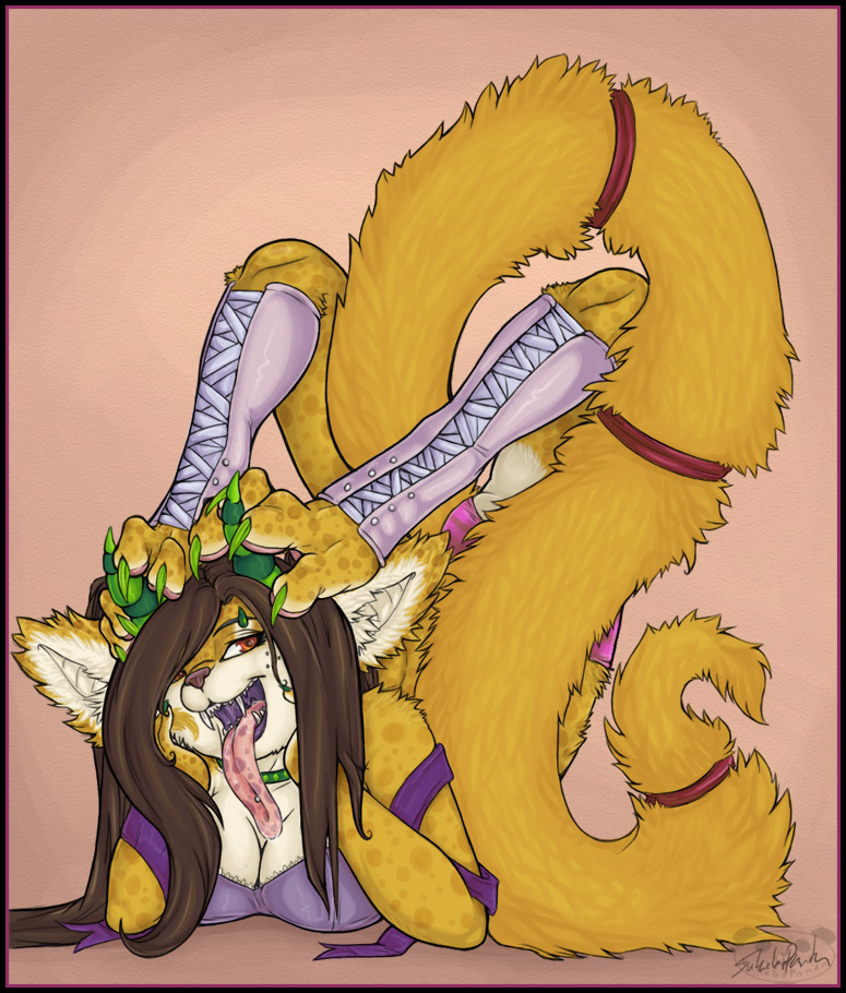 anthro breast_squish breasts cleavage clothed clothing collar fangs female flexible fur horn long_tongue open_mouth orange_eyes panties piercing solo squish tail teeth tongue tongue_out tongue_piercing underwear yellow_body yellow_fur sukebepanda vera_(vera) felid langurhali mammal