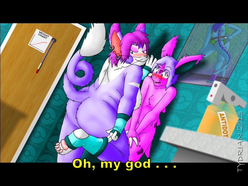 anthro anthrofied antidote blush breasts butt clothing covering doctor duo embarrassed female fingerless_gloves footwear fur gloves hair handwear interjection legwear male nude omg overweight pink_body pink_fur pink_hair pokemon_poster pokemorph poster purple_body purple_fur purple_hair scared seductive smile socks stirrup_socks tail tail_tuft text trapped tuft tydrian nintendo pokemon eeveelution felid generation_1_pokemon generation_4_pokemon mammal nidoran nidoran♂ pokemon_(species) purugly rodent vaporeon 4:3 letterbox subtitled