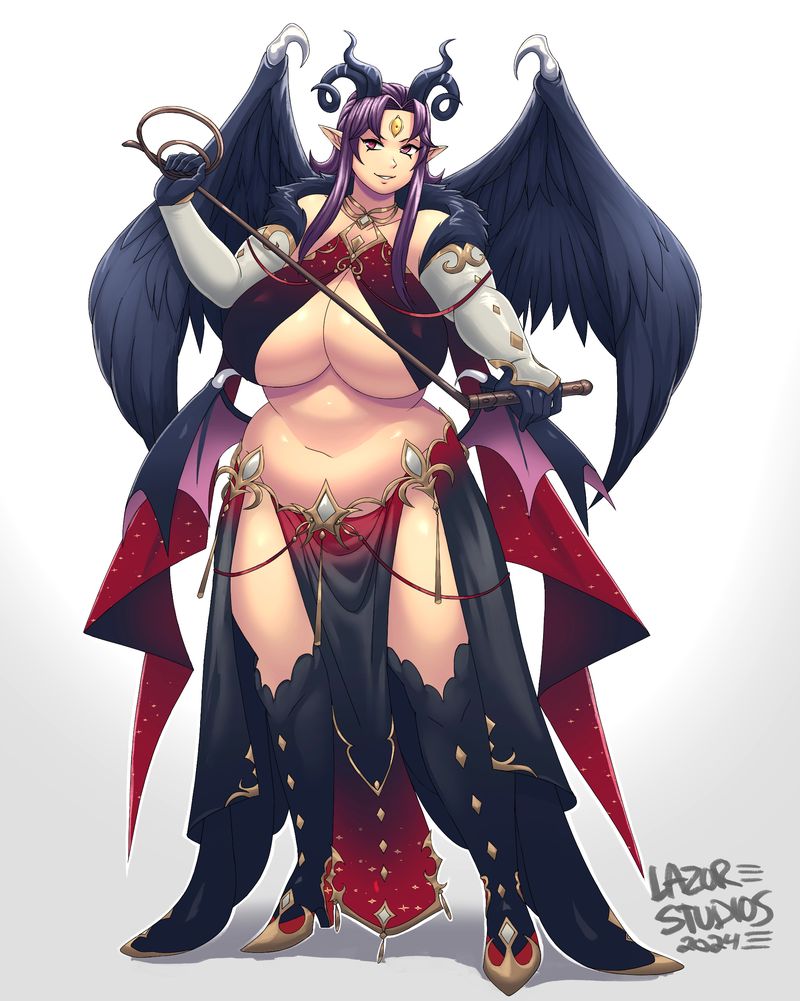 3_eyes belly big_breasts boots breasts cleavage clothed clothing dark_body dark_skin feathered_wings feathers female footwear hair heterochromia horn long_hair membrane_(anatomy) membranous_wings multi_eye overweight partially_clothed purple_hair shoes solo under_boob whip wings lazorchef deathwing_the_timegoat demon horned_humanoid humanoid winged_humanoid