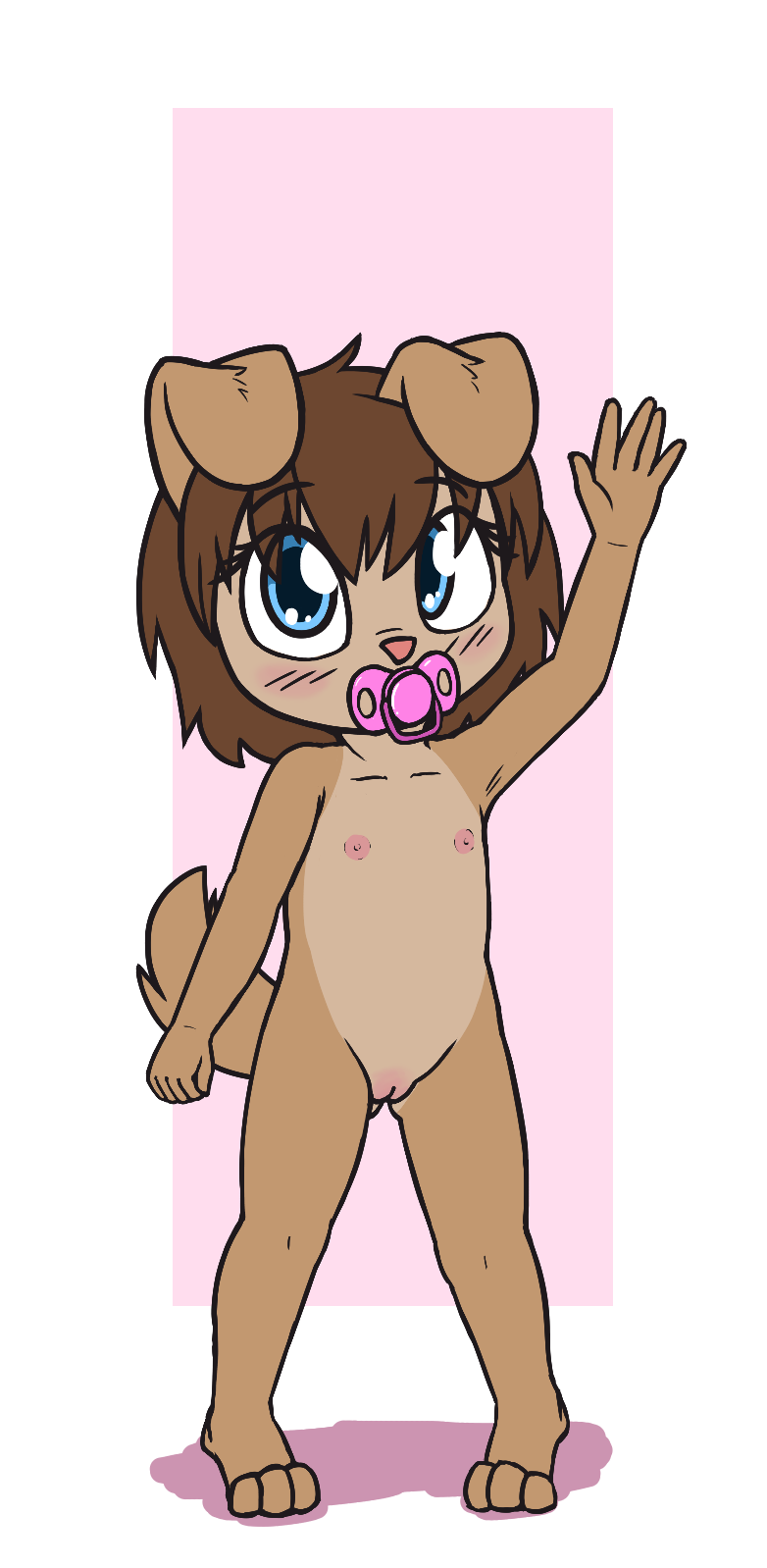 anthro blue_eyes blush brown_hair female flat_chested fur genitals gesture hair nipples nude pacifier pussy solo standing tan_body tan_fur waving young young_anthro young_female aggie_(artist) donacutie canid canine canis hybrid mammal mustelid otter wolf hi_res