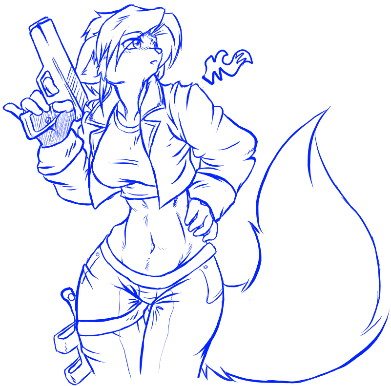 anthro big_breasts breasts clothed clothing female fur gun hair midriff ranged_weapon simple_background solo tail weapon white_background wide_hips skidd kilika domestic_cat felid feline felis mammal blue_and_white digital_media_(artwork) monochrome sketch