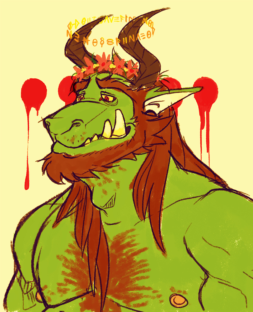 anthro beard body_hair chest_hair facial_hair hair horn humanoid_pointy_ears long_hair male mullet muscular muscular_anthro muscular_male nipples pointy_ears red_eyes redneck scruffy solo arcarc mythology sabbath dragon mythological_creature mythological_scalie scalie