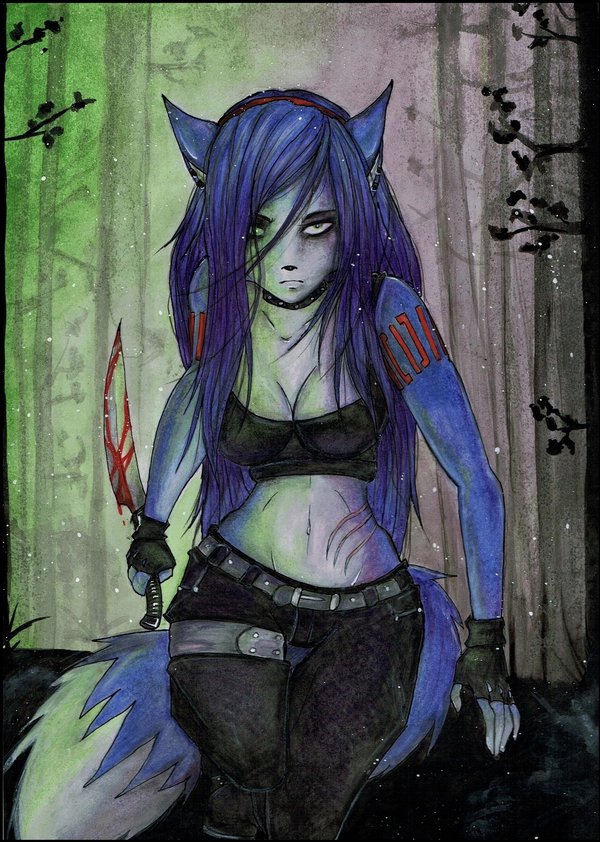 accessory anthro belt blood bloodied blue_body blue_fur blue_hair bodily_fluids breasts choker cleavage clothed clothing collar dagger ear_piercing female fingerless_gloves fur gloves hair hair_accessory hairband handwear jewelry knife long_hair looking_at_viewer melee_weapon midriff necklace piercing weapon white_body white_fur saoirsa nintendo star_fox krystal_(star_fox) kursed_(star_fox) canid canine fox mammal