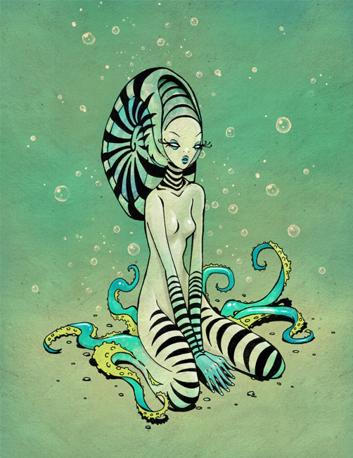 breasts bubble eyelashes eyeshadow featureless_breasts female green_background implied_water kneeling makeup nude simple_background solo striped_body stripes tentacles white_eyes jason_levesque animal_humanoid cephalopod cephalopod_humanoid humanoid marine marine_humanoid mollusk mollusk_humanoid nautilus