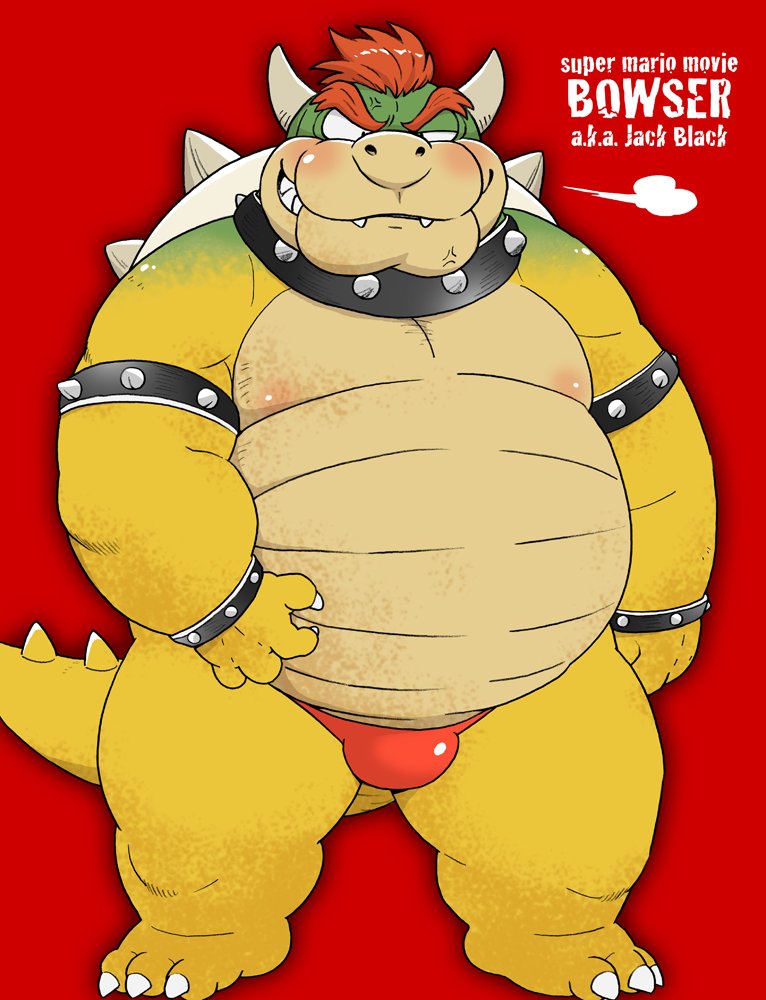 anthro belly big_belly bikini_briefs blush briefs bulge clothing kemono male moobs nipples overweight overweight_anthro overweight_male red_background red_briefs red_clothing red_underwear simple_background solo text underwear wantaro mario_bros nintendo bowser koopa scalie 2023 english_text