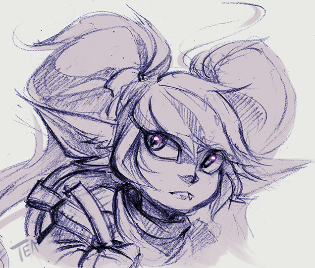 fangs female hair humanoid_pointy_ears looking_aside pigtails pointy_ears shield solo teeth te4moon_(artist) league_of_legends riot_games tencent poppy_(lol) humanoid yordle guide_lines monochrome signature sketch traditional_media_(artwork)