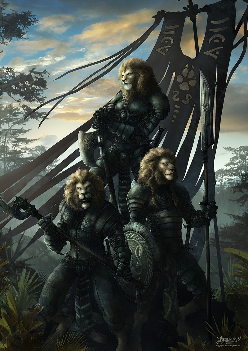 anthro armor axe battle clothed clothing cloud detailed_background flag forest glaive group male melee_weapon nature outside plant polearm scenery shield sky tree warrior weapon wood kerem_beyit felid lion mammal pantherine detailed