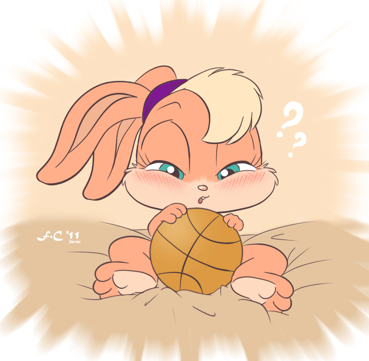 3_toes anthro ball basketball blonde_hair blue_eyes blush covering covering_self feet female hair solo toddler toes young young_anthro furcollector looney_tunes warner_brothers lola_bunny lagomorph leporid mammal rabbit