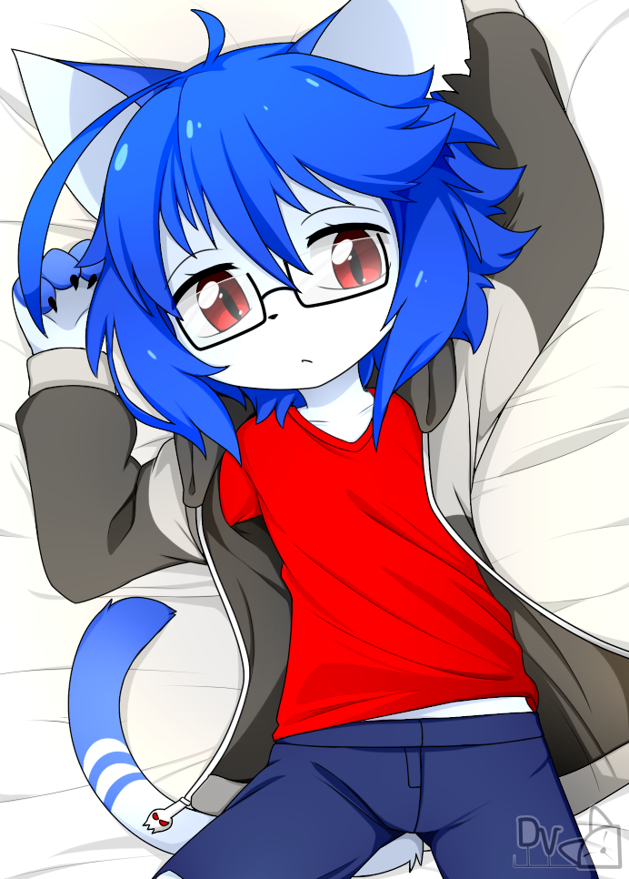 ahoge anthro bedding bedding_background biped black_claws black_nose blue_body blue_bottomwear blue_clothing blue_ears blue_fur blue_hair blue_markings blue_shorts blue_tail bottomwear claws clothed clothing dakimakura dipstick_tail eyewear finger_claws fur glasses grey_clothing grey_hoodie grey_topwear hair hand_above_head hoodie kemono logo lying male markings midriff monotone_hair multicolored_body multicolored_fur on_back open_clothing open_hoodie open_topwear rectangular_glasses red_clothing red_eyes red_shirt red_t-shirt red_topwear ring_(marking) shirt shorts skull_accessory solo spread_legs spreading t-shirt tail tail_markings topwear two_tone_body two_tone_fur two_tone_hoodie two_tone_tail young zipper devil-vox devy_(devil-vox) domestic_cat felid feline felis mammal 2017 artist_logo dakimakura_design digital_drawing_(artwork) digital_media_(artwork)