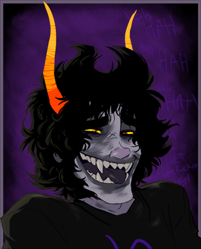 black_clothing clothing clown horn laugh male not_furry profanity purple_body sharp_teeth smile solo teeth text tongue trollface yellow_eyes jubilations homestuck ms_paint_adventures gamzee_makara alien alien_humanoid horned_humanoid humanoid troll_(homestuck) english_text low_res meme