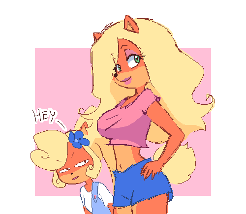 accessory anthro big_breasts blonde_hair bottomwear breast_size_difference breasts clothing duo eyebrows eyelashes eyeshadow female flower flower_in_hair hair hair_accessory hand_on_hip lipstick makeup midriff navel overalls plant ponytail shorts kempferzero activision crash_bandicoot_(series) coco_bandicoot tawna_bandicoot bandicoot mammal marsupial 2017 low_res