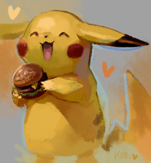 ambiguous_gender burger dipstick_ears ear_markings eyes_closed food heart_symbol multicolored_ears open_mouth solo yellow_body koriarredondo nintendo pokemon generation_1_pokemon pikachu pokemon_(species) signature