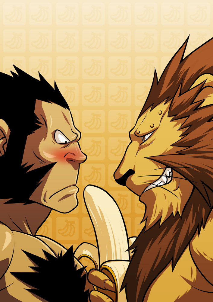 banana blush body_hair chest_hair duo food fruit innuendo male male/male plant smile zelo_lee fullmetal_alchemist darius_(fullmetal_alchemist) heinkel_(fullmetal_alchemist) ape felid gorilla haplorhine human hybrid lion mammal pantherine primate comic digital_media_(artwork) yellow_theme