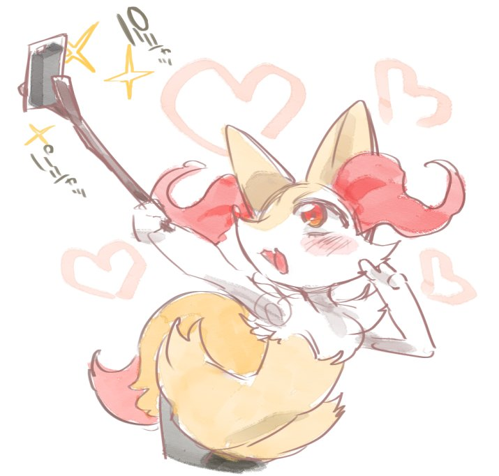 anthro blush cellphone electronics female fur gesture hand_gesture heart_symbol kemono open_mouth open_smile phone red_eyes selfie simple_background smartphone smile solo text tongue v_sign white_background mizo_ne nintendo pokemon braixen generation_6_pokemon pokemon_(species) 2017 japanese_text