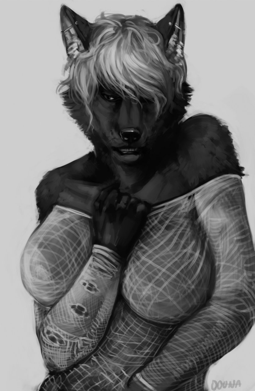 anthro black_body black_fur clothing ear_piercing female fishnet_clothing fishnet_topwear fur hair industrial_piercing messy_hair piercing pose solo topwear white_hair conditional_dnp oouna chrome_(foxxel) canid canine canis mammal wolf 2013 black_and_white hi_res monochrome pinup