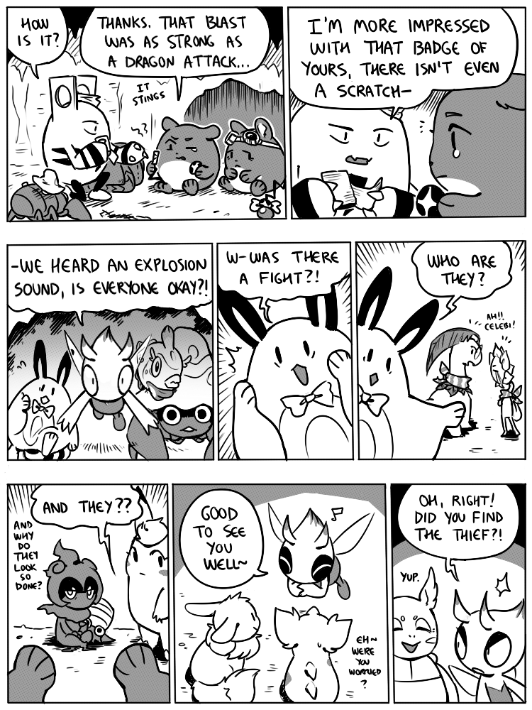 8_panel_comic ambiguous_gender antennae_(anatomy) anthro bandage biped black_eyes black_nose black_text bow_ribbon cheek_spots claws closed_smile dialogue ellipsis exclamation_point eyebrows eyelashes eyes_closed eyewear feral finger_claws floating fungus glasses goggles group leaf looking_at_another mouth_closed mushroom one_eye_closed open_mouth open_smile paws quadruped question_mark shell sitting smile speech_bubble tail talking_to_another text white_sclera wings wounded flavia-elric nintendo pokemon pokemon_mystery_dungeon spike_chunsoft bayani_(yapc) celebi_(yapc) leif_(yapc) leila_(yapc) lux_(yapc) melissa_(yapc) paco_(yapc) paris_(yapc) rayne_(yapc) rick_(yapc) saiya_(yapc) tai_(yapc) terry_(yapc) vivi_(yapc) bayleef bruxish celebi clefable elekid fossil_pokemon generation_1_pokemon generation_2_pokemon generation_7_pokemon legendary_pokemon marill marshadow omanyte paras parasect pokemon_(species) sentret sunflora 2021 3:4 black_and_white comic digital_media_(artwork) english_text monochrome