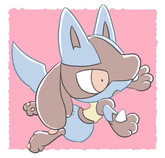 ambiguous_gender anthro black_body black_fur blue_body blue_fur border chibi fur paws pink_background pink_eyes simple_background solo white_border sikai nintendo pokemon generation_4_pokemon lucario pokemon_(species)