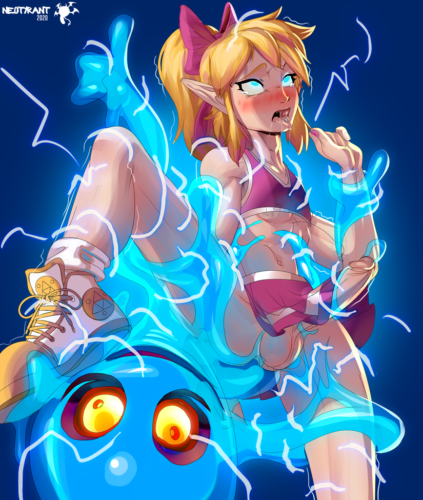 accessory ahegao balls blonde_hair blue_eyes blush bodily_fluids bow_ribbon cheerleader clothed clothing crossdressing duo electricity erection eye_roll femboy footwear genitals glowing glowing_eyes hair hair_accessory hair_bow hair_ribbon humanoid_genitalia humanoid_penis humanoid_pointy_ears interspecies light_body light_skin looking_pleasured male not_furry open_mouth penis pointy_ears ponytail ribbons saliva sex shoes simple_background tongue tongue_out yellow_eyes vicioustyrant nintendo the_legend_of_zelda link chuchu goo_creature humanoid 2020