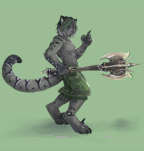 5_fingers anthro barefoot biped bottomwear breasts claws clothed clothing digitigrade feet female fingers fur grey_body grey_fur hair holding_object holding_weapon mace melee_weapon short_hair shorts side_view simple_background small_breasts solo standing topless weapon thumbclawz thaylo mammal marsupial thylacoleo vombatiform