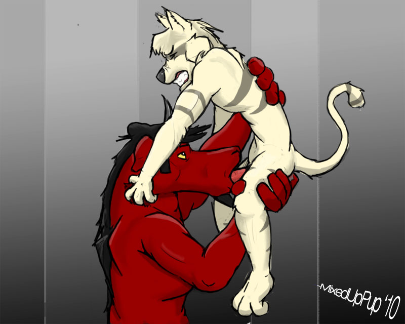 anthro big_dom_small_sub black_horn carrying_another carrying_partner dominant duo face_fucking face_hugging facial_hair fellatio fur genitals goatee grey_stripes horn irrumatio larger_male male male/male oral penile penis power_bottom red_body red_fur sex size_difference smaller_male stripes white_body white_fur yellow_eyes amixeduppuppy judas_and_jesus satan_goat_(judas_and_jesus) bovid canid canine canis caprine caprine_demon demon goat goat_demon mammal wolf 5:4