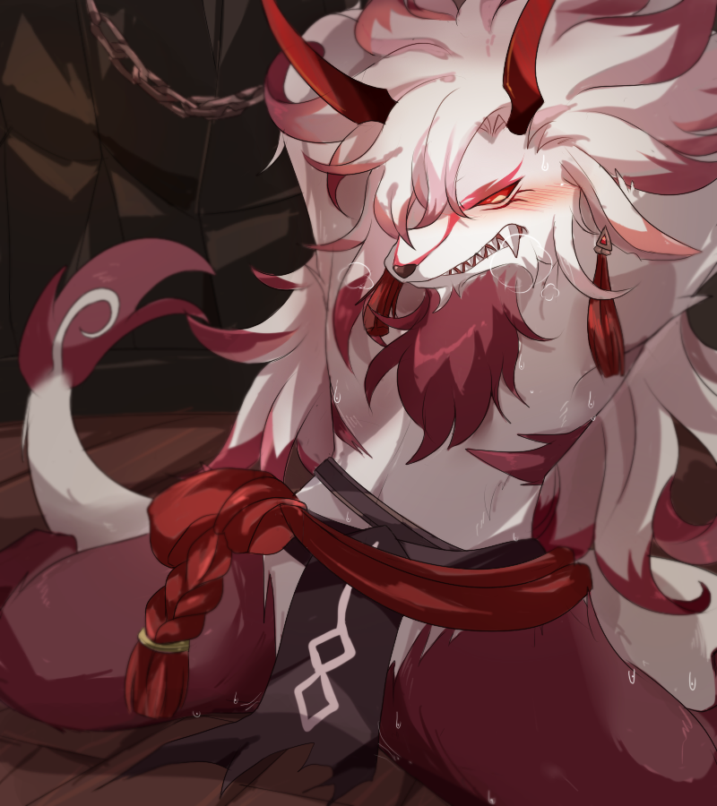 anthro blush fangs female male red_eyes solo teeth white_body shixiexiaomo elsword deborah_(elsword) canid canine canis demon mammal wolf