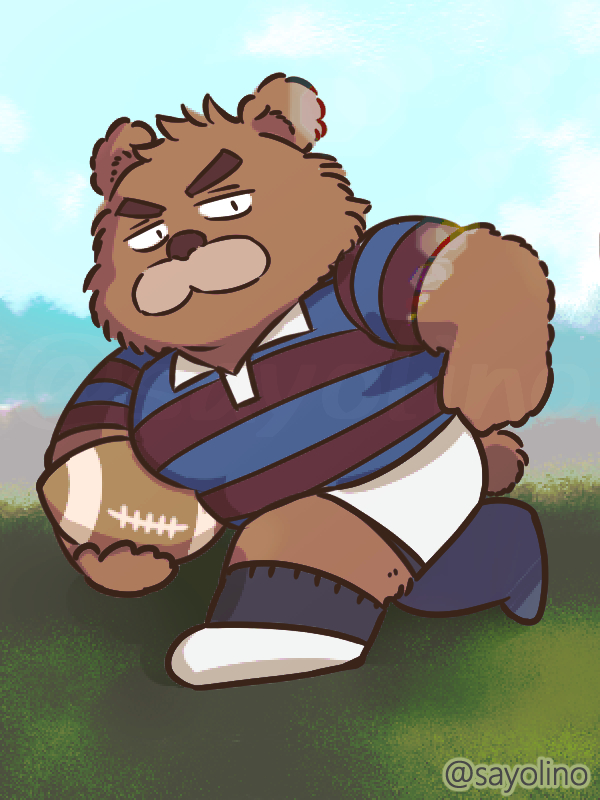 anthro bottomwear brown_body brown_fur clothing fur kemono male rugby rugby_ball rugby_uniform shirt shorts solo topwear sayolino kumalino sanrio roast_(kumalino) bear mammal 2023 3:4