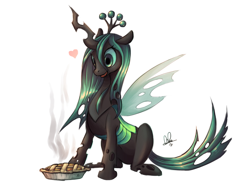 dessert fangs female feral food green_eyes heart_symbol hole_(anatomy) horn insect_wings pastry pie quadruped simple_background solo steam tail teeth white_background wings lanmana friendship_is_magic hasbro my_little_pony queen_chrysalis_(mlp) arthropod changeling 2013