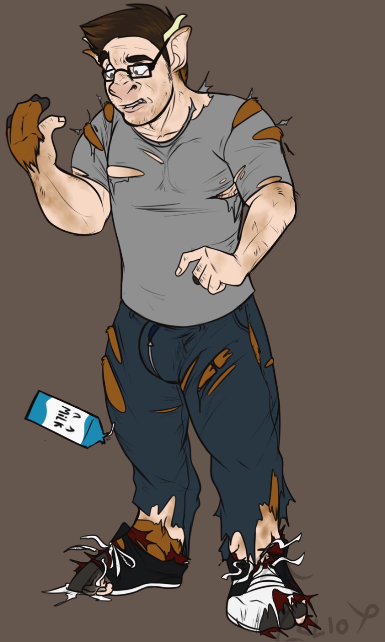 anthro anthro_transformation bottomwear bovid_horn bovine_ears brown_body brown_fur brown_hair bulge clenched_teeth clothing container eyewear fingers fur glasses growth hair hooved_fingers hooves horn human_to_anthro looking_at_hand looking_surprised male mid_transformation milk_carton milk_container muscle_growth muscular muscular_male pants plantigrade_to_unguligrade shirt shoe_burst simple_background solo species_transformation standing tearing_clothing teeth tight_clothing topwear torn_bottomwear torn_clothing torn_pants torn_shirt torn_shoes torn_topwear transformation wide_eyed binturongboss sacred bovid bovine cattle human mammal 3:5 hi_res signature