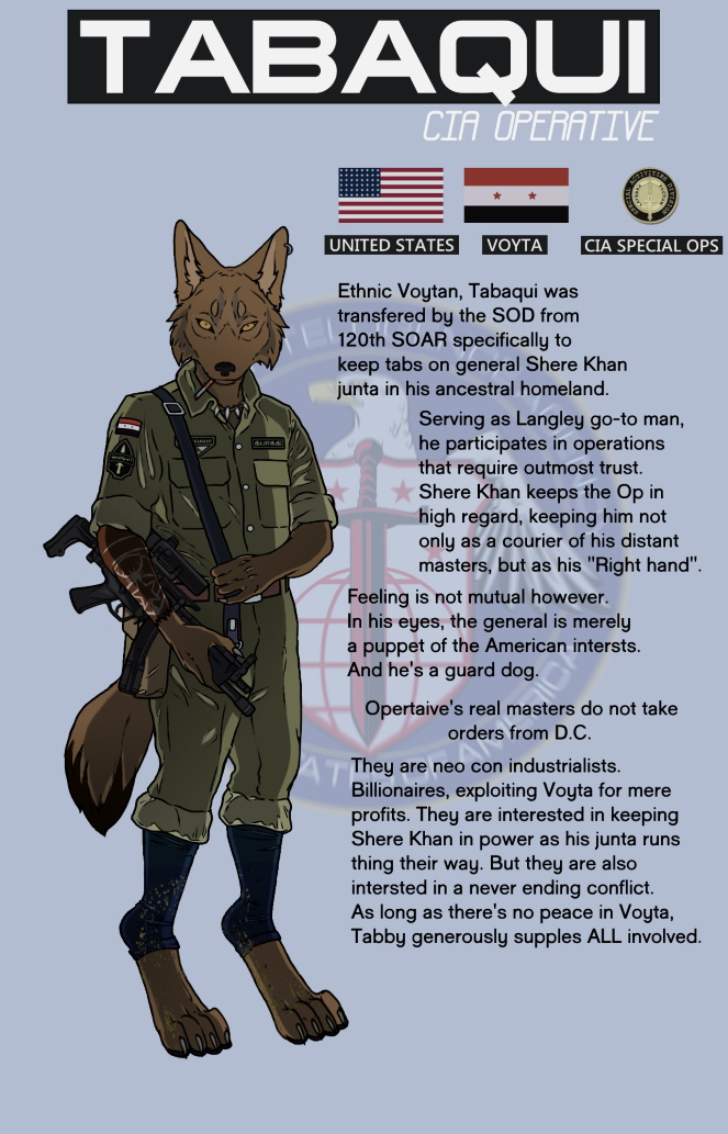 agent american_flag anthro barefoot belt bottomwear canton claws clothing digitigrade facial_markings fanfiction fatigues feet flag flag_(shape) flag_design flag_patch gun head_markings jacket khakis looking_at_viewer male markings military mp5 pants patch_(fabric) patched_clothing ranged_weapon roundel smoking soldier solo submachine_gun text topwear united_states_of_america warrior weapon aleone cia heckler_and_koch the_jungle_book tabaqui canid canine canis golden_jackal jackal mammal english_text model_sheet