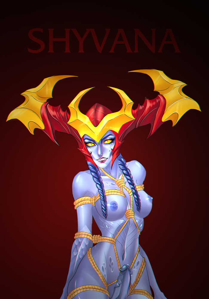 areola bdsm bondage bound breasts erection genitals gynomorph hair intersex nipples non-mammal_breasts nude penis simple_background solo teeth vein veiny_penis leargini league_of_legends mythology riot_games tencent shyvana dragon human humanoid mammal mythological_creature mythological_scalie scalie 2015